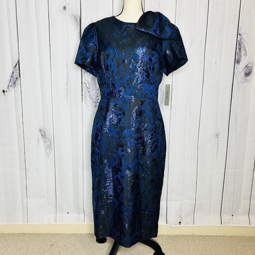 NWT Rickie Freeman for Teri Jon Blue Black Metallic Jacquard Bow Dress Sz 12 NEW